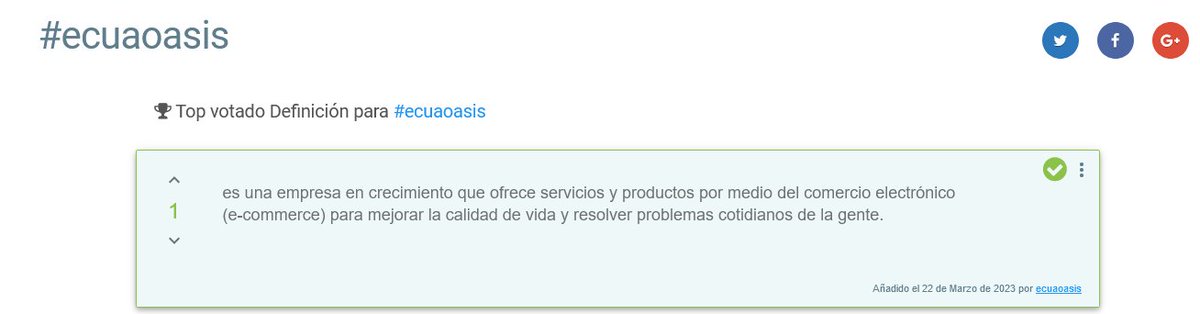 Gracias @tagdef por permitirnos dar la definición como #empresa  de #ecuaoasis que nació en #Ecuador tagdef.com/es/tag/ecuaoas…
ofrecemos servicios y productos por medio del comercio electrónico (#ecommerce) para mejorar la calidad de vida y resolver problemas cotidianos de la gente
