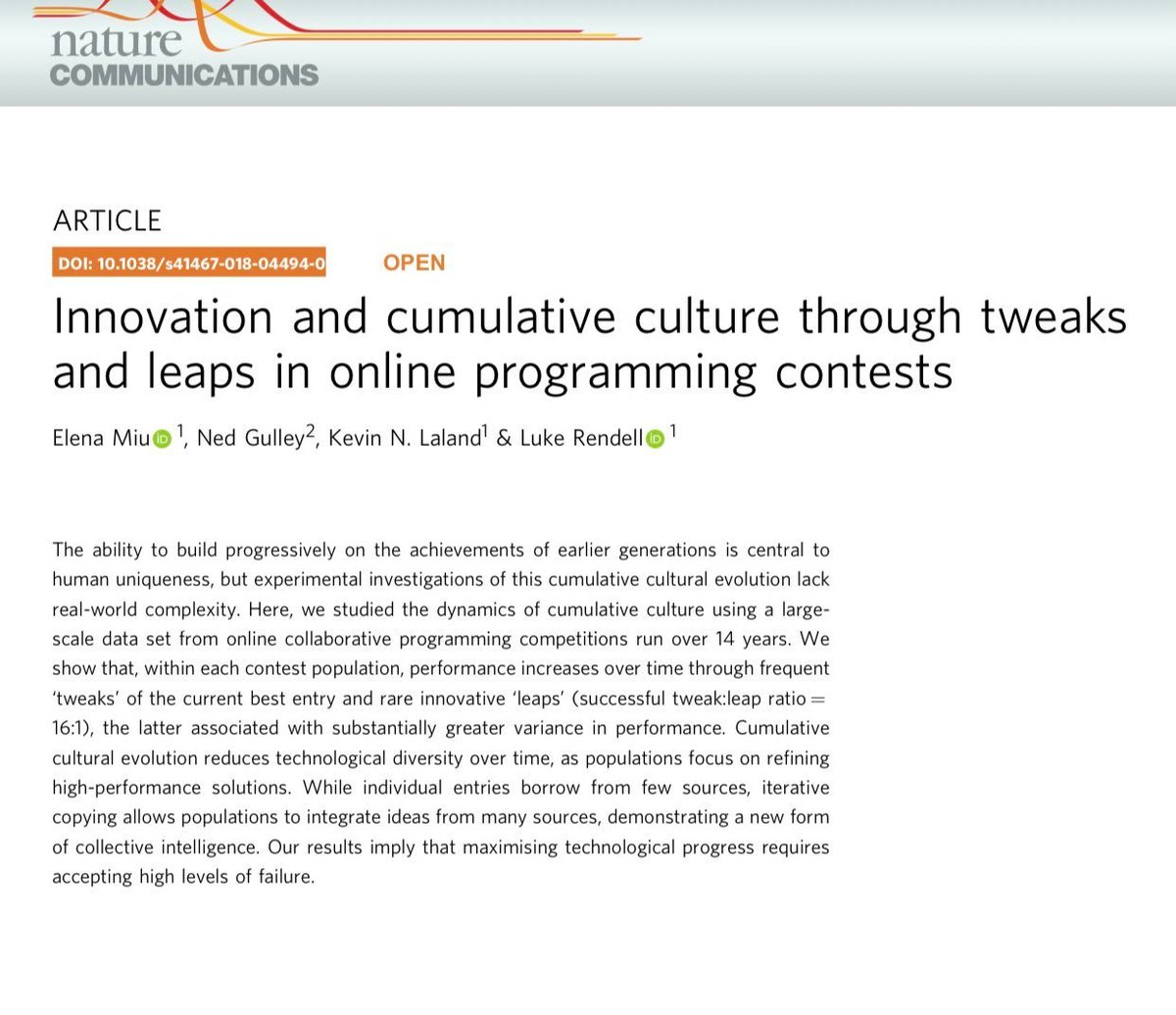 You need to accept failure to innovate big.

Innovation advances through a combination of small tweaks &amp; giant leaps. In this paper on programming contests, there were 16 small improvements for every leap, and most leaps made things worse, but when they succeeded they were huge.