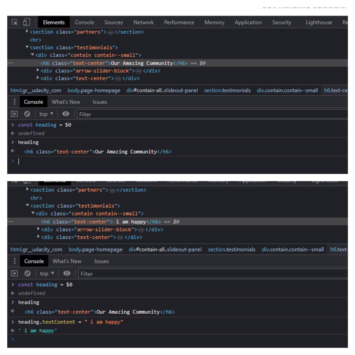 TheHenryIgwe's tweet image. Day 20.
.textContent Cont’d
As a way to buttress on the uses of textContent, the attachments below show the console of website A.
The first attachment - The h6 with the class name of “text-center “
#30daysOfJavaScriptChallenge
#javascript