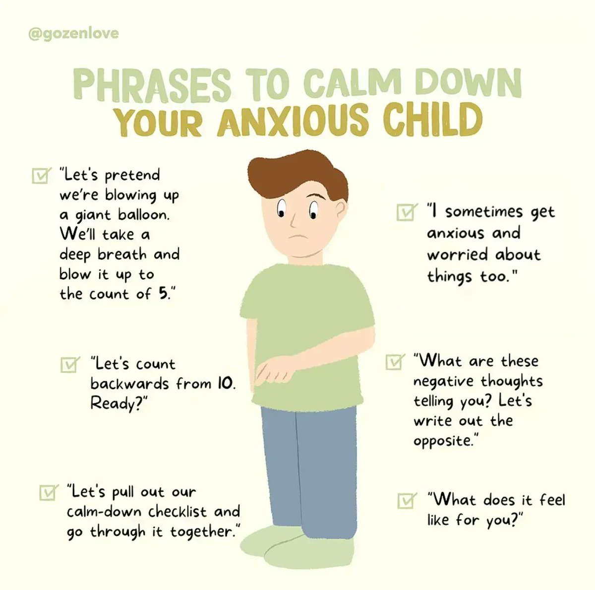 Are you curious how you can help calm an anxious child? 

It's important that you use the right words when connecting with a child so you don't make their fears worse. Renee Jain (gozenlove) has shared these six phrases to help you to support a child with their anxiety. ✨
