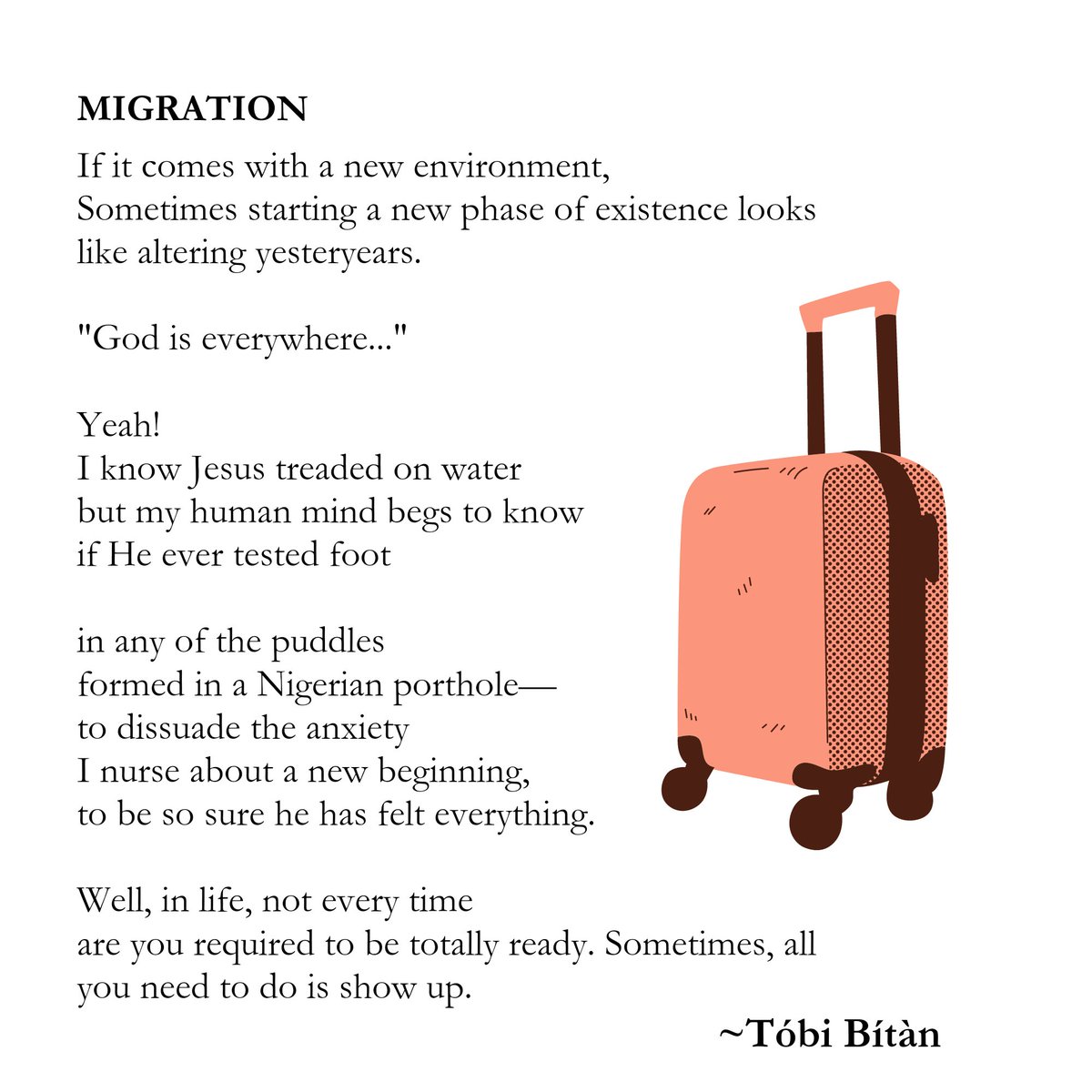 Tobi_Bitan's tweet photo. Wanting to be too ready is like looking for the perfect timeโ such proper recipe for undue procrastination.
"Just Do It."
#musingsofapoet โ๏ธโ๏ธ
#poetrycommunity
#poetry https://t.co/F5gfdEOXB2