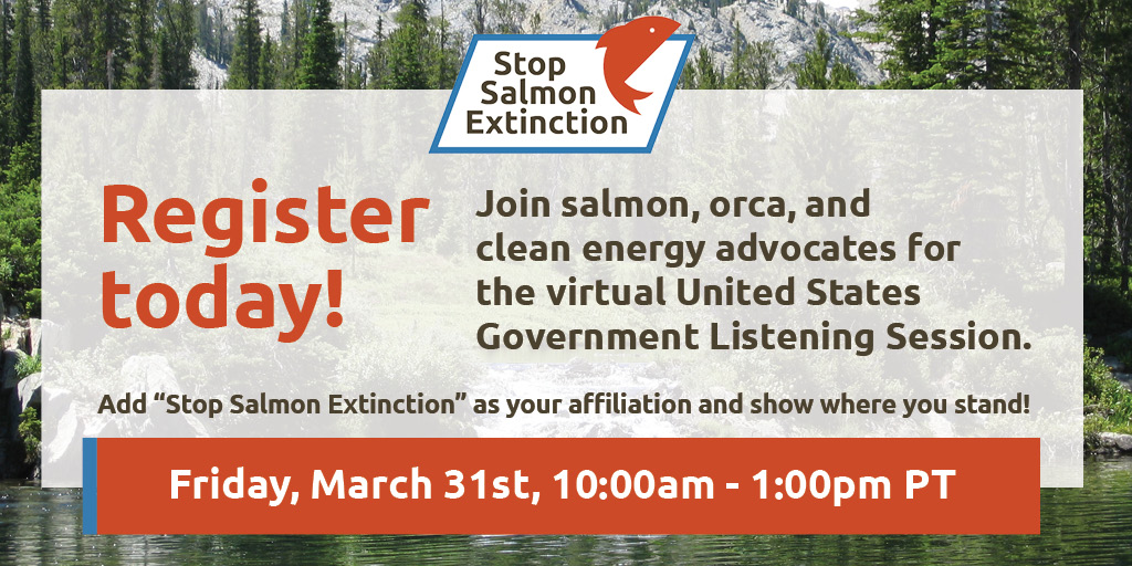 The lower Snake River federal listening session is a critical opportunity to tell the Biden Administration we need them to develop a comprehensive plan to #StopSalmonExtinction and remove the lower Snake River dams. 

REGISTER TODAY at bit.ly/3YLFSmx