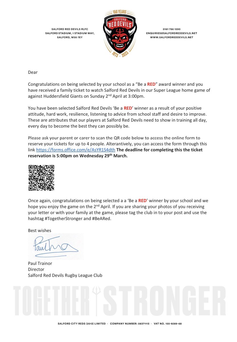 MrBell_PE's tweet photo. Another great initiative by @SalfordDevils.  Giving the next generation the opportunity to get down to AJ Bell to watch the men’s first team free of charge through the clubs ‘Be A Red’ Rewards Scheme.  

If you would like the digital copy of the letter just let me know! 🇾🇪 🏉 https://t.co/3rZiJI9jfa