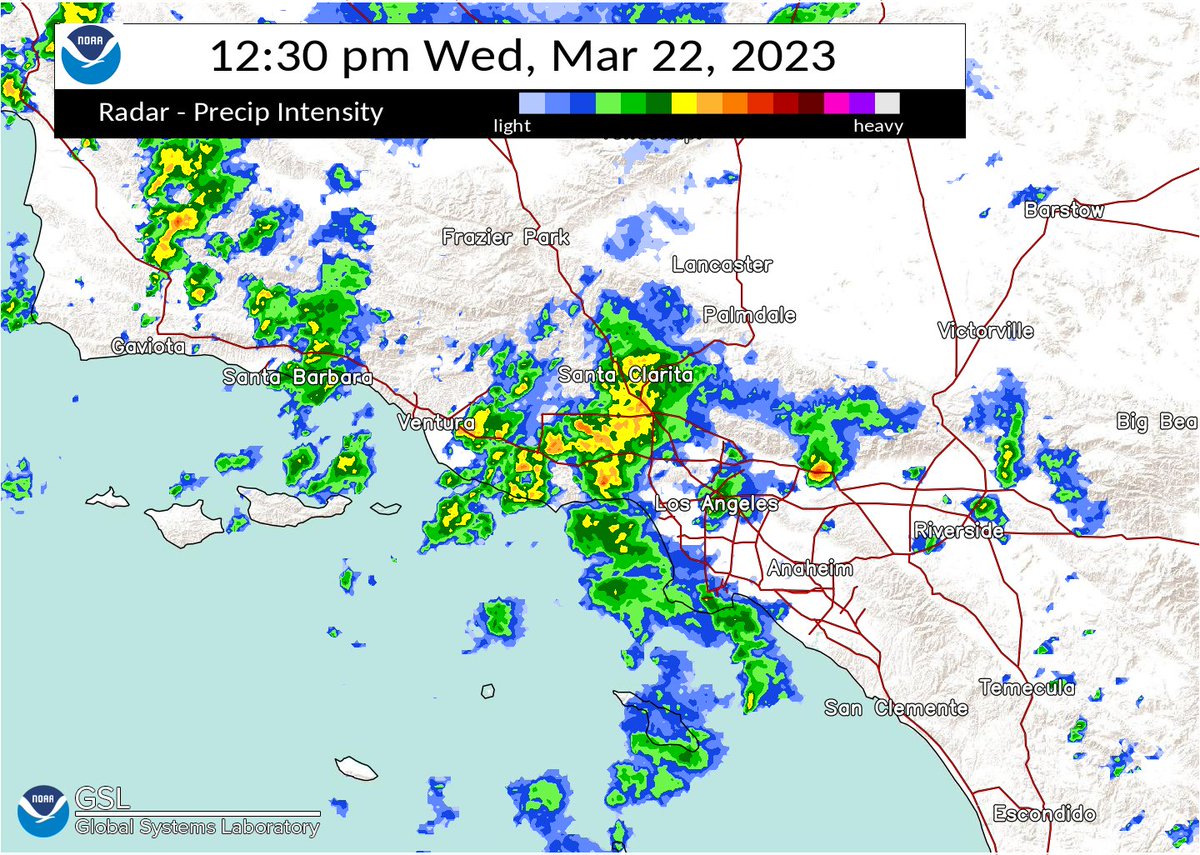 NWSLosAngeles's tweet photo. Latest radar image.  A strong storm was moving through the #azuza area.  Through the afternoon, the atmosphere will remain favorable for scattered showers and brief heavy downpours, isolated thunderstorms, gusty winds, and a risk for weak tornadoes. #cawx #larain https://t.co/gQVQd4GKh3
