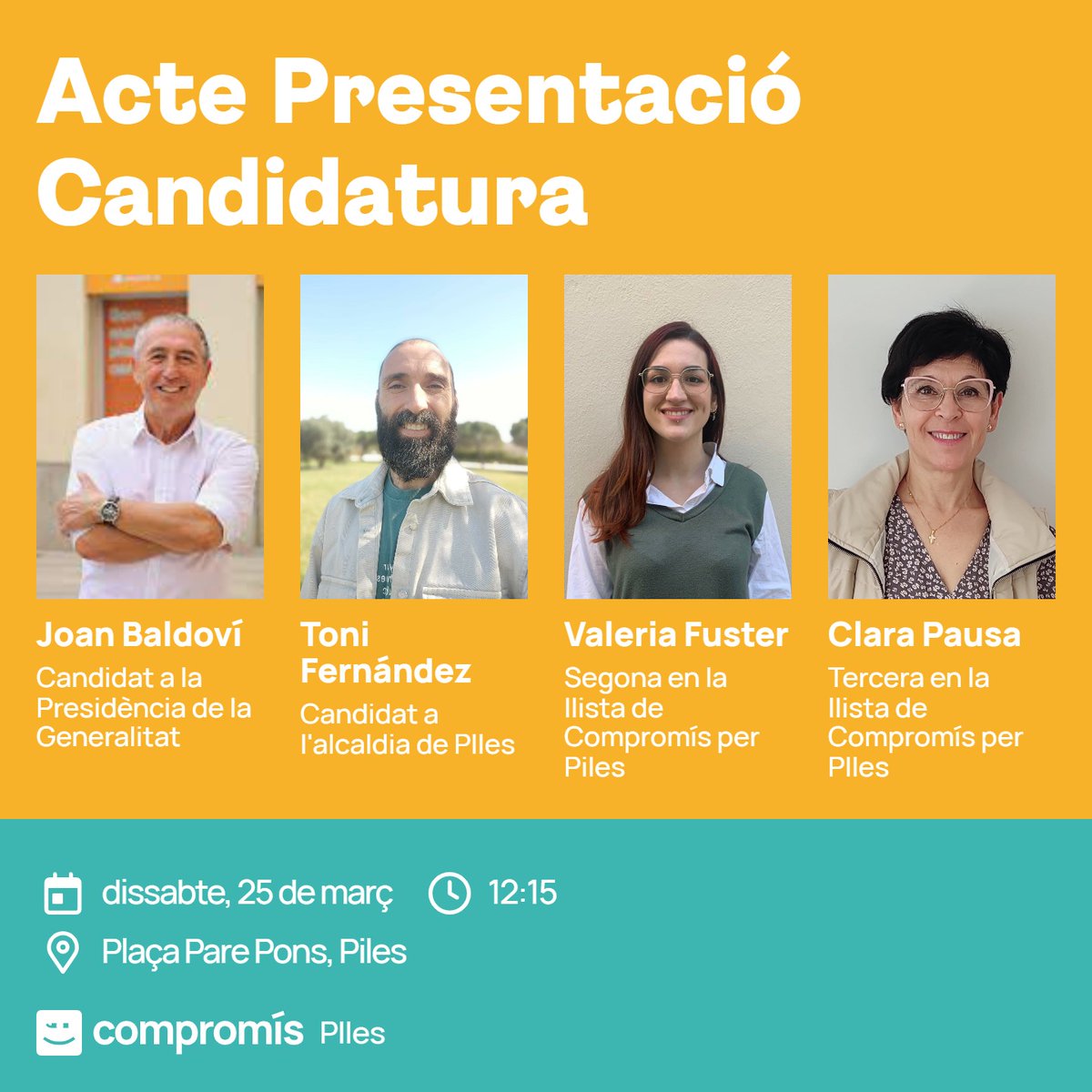 CompromisPiles's tweet image. 🗣️ Aquest dissabte, 25 de març, celebrarem el nostre acte de presentació de candidatura amb un ponent molt especial, Joan Baldoví.🍊