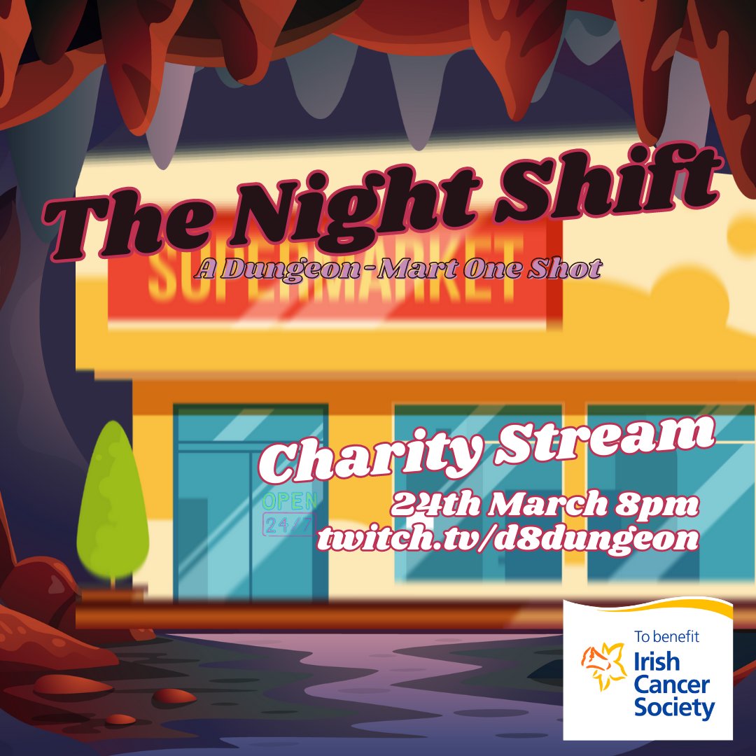 D8Dungeon's tweet photo. On Friday night; we are taking part in #HeroesfromHome in aid of the @IrishCancerSoc 

Join us as four retail workers navigate the perils of running a magical store inside the heart of a dungeon... a 'Dungeon-Mart' one shot by May Day!

#ttrpg #fundraiser #twitch #ttrpgfamily https://t.co/rWB0KVDAdK