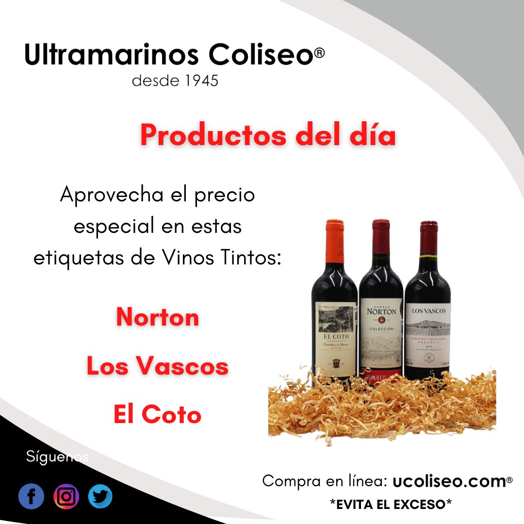 UColiseo's tweet photo. Tres regiones diferentes te ofrecen sabores particulares qué disfrutar, tres aromas, tres colores y tres sensaciones diferentes te esperan.
¡Aprovecha el precio especial de estas etiquetas en https://t.co/B5QK35Wc7n!
#norton #losvascos #elcoto #vinotinto #winelover https://t.co/OHNonssb6N
