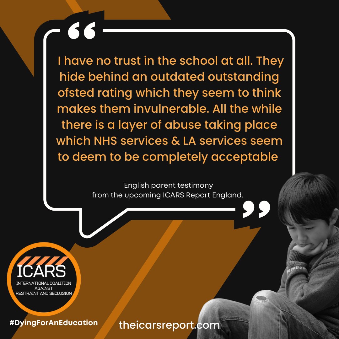 Hundreds of families' lived experiences, in their own words, detail their children's experiences of restraint and seclusion in England's schools and will be released in The upcoming ICARS Report England. 
It is time for their collective stories to be heard in their own words.