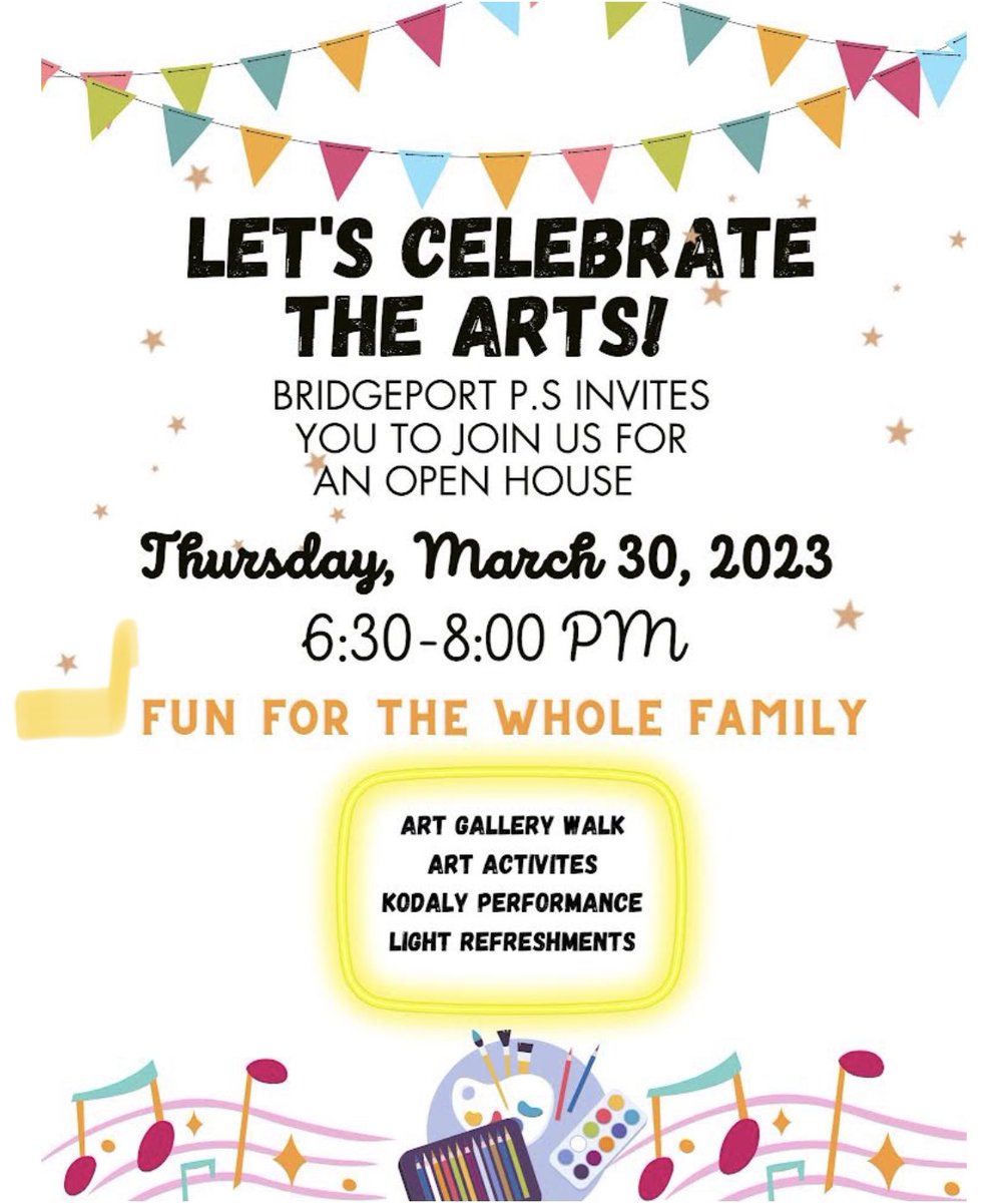 brpwrdsb's tweet photo. Bridgeport PS is hosting Arts Night next Thursday, March 30. 
Come celebrate visual arts, drama, dance, and music with a gallery walk, family friendly art activities, and a Kodaly Choir performance!
We can’t wait to see you there! 🎭🎨🎶 https://t.co/SHeQMqZAeA