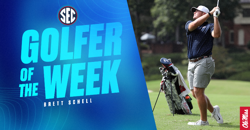 OleMissMGolf's tweet photo. Rebs are taking over the SEC 🔥

@Brett_Schell13 is your Co-SEC Men's Golfer of the Week!