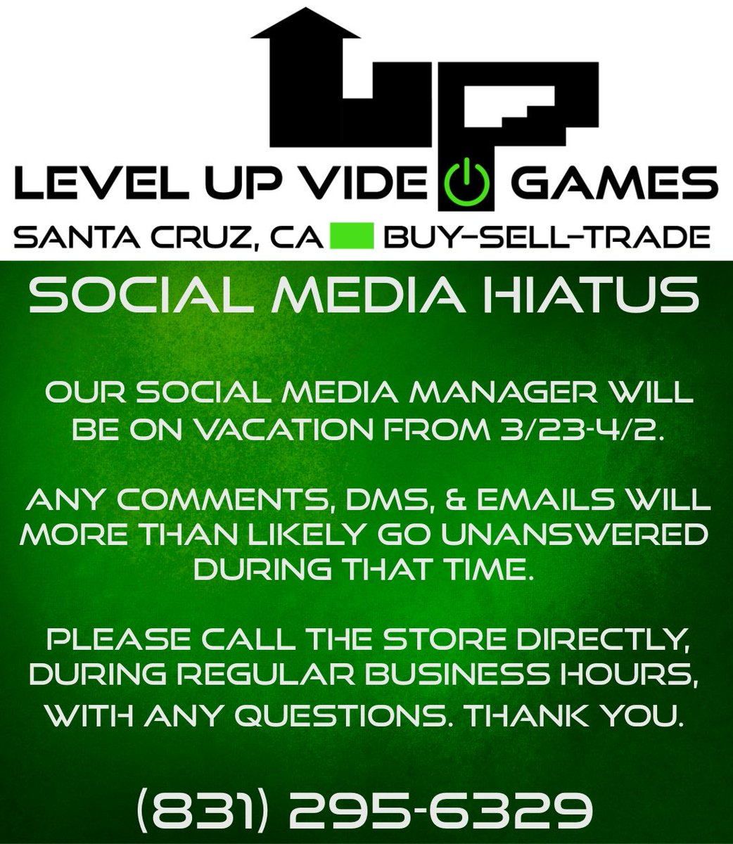 LevelUpStore's tweet photo. Our social media manager will be on vacation from 3/23-4/2. Any comments, DMs, and emails will more than likely go unanswered during that time. If you have any questions, please call the store directly during regular business hours at (831) 295-6329. Thank you! https://t.co/A94Ww4MQJp