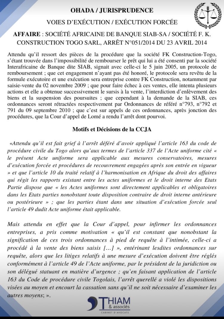 Audry_Horeb's tweet photo. #Voiesdexécution / #Exécutionforcée.
 
Affaire : Société Africaine de Banque #SIAB-SA / Société F. K. Construction #Togo Sarl, Arrêt N°051/2014 du 23 avril 2014 
#OHADA #CCJA #Droit https://t.co/9l0LNQve0p