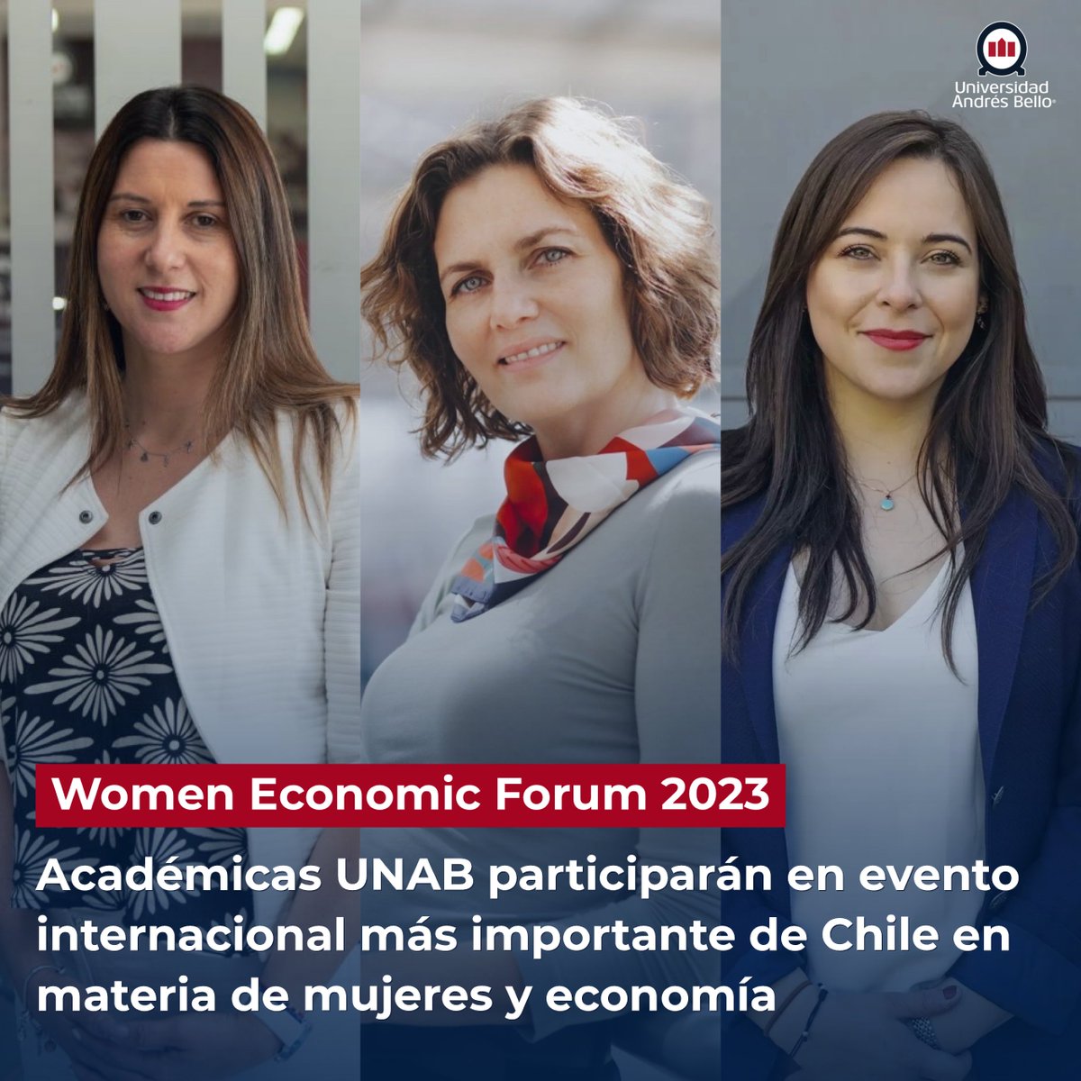 UNAB se hace presente en el #WomenEconomicForum 2023. Las académicas Carolina Torrealba, Beatriz Mella y Lilian San Martín contribuirán con su experiencia y conocimiento en el evento internacional enfocado en mujeres y economía.

Más info👉📲unab.me/3luVHke