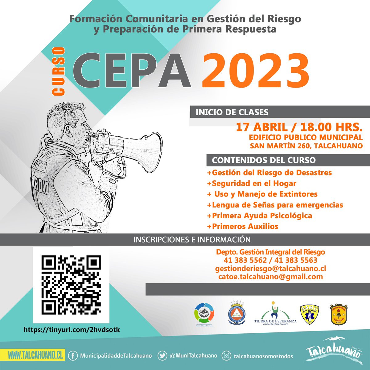 rtalcahuano's tweet photo. [Capacitación] Volvió el curso Cepa. Inscríbete y participa. 7 semanas de capacitación en Gestión del riesgo y primera respuesta.  https://t.co/dGpWntXMiI https://t.co/YlpArDwqu9