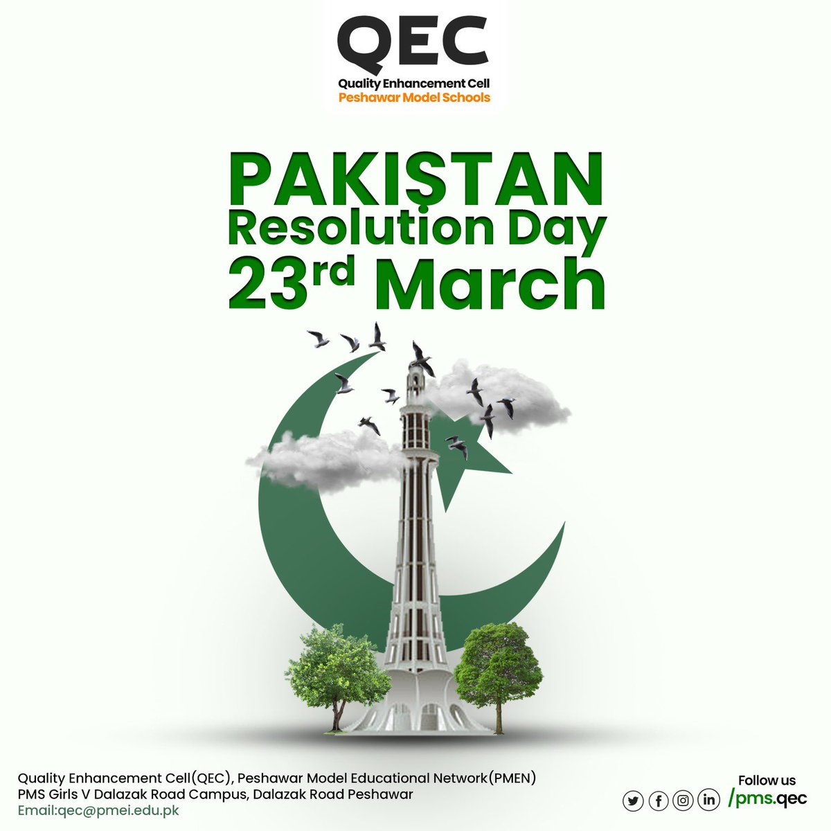 pms_qec's tweet photo. “With faith, discipline and selfless devotion to duty, there is nothing worthwhile that you cannot achieve.” – Muhammad Ali Jinnah
Quality Enhancement Cell wishes warm greetings on the occasion of Pakistan Resolution Day.
#23rdMarch2023 #ResolutionDay #PakistanResolutionDay #qec https://t.co/3wFvGUEyLL