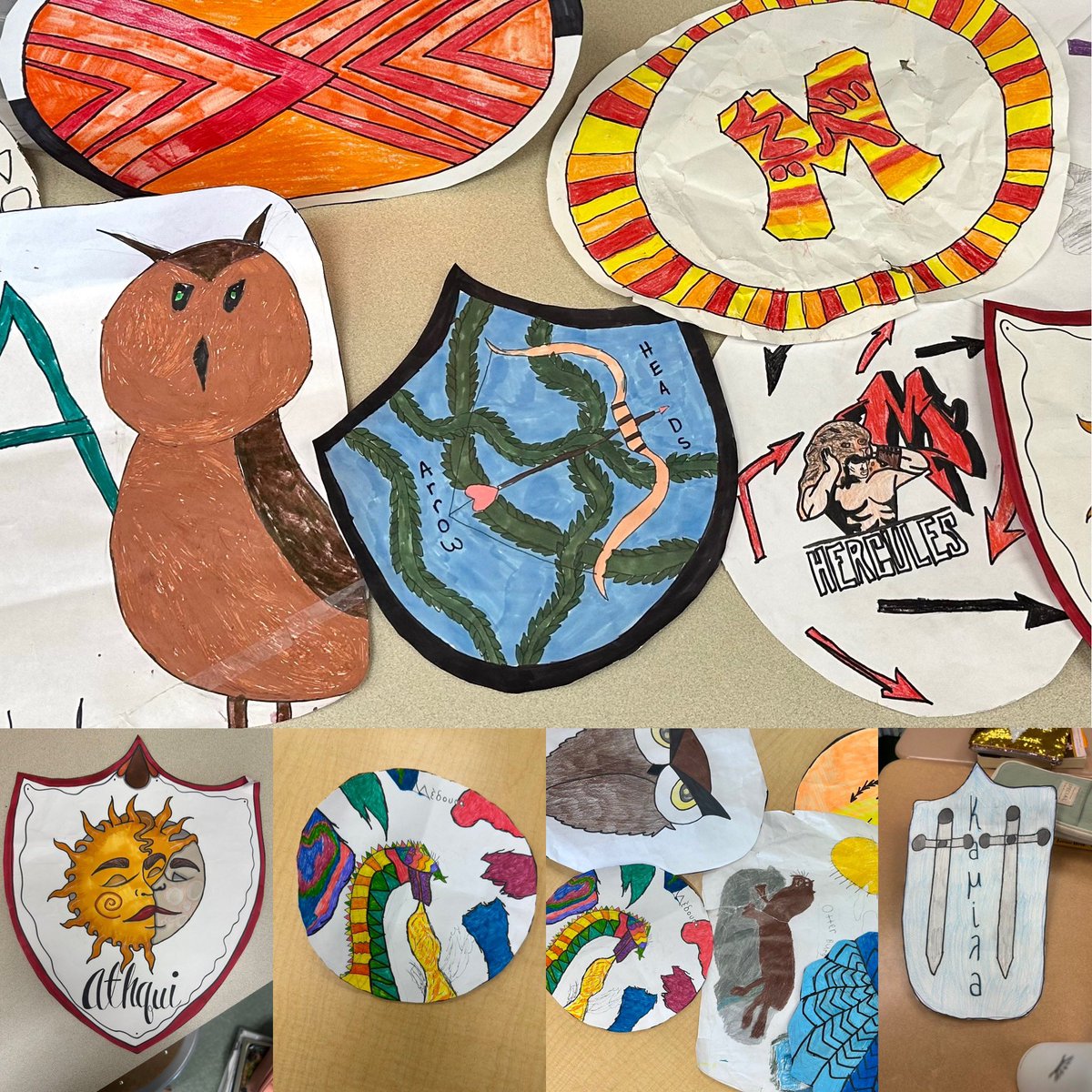 MrsHineline214's tweet photo. In SS the students developed their own Greek polis complete with name, form or government, economy, and which god or goddess would represent their polis. They designed shields to bring to our own Olympic Games. What and sportsmanship they showed at the games!! #anasing https://t.co/K5y3dQZjpj