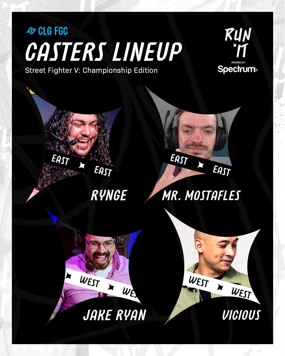 While the fight goes down in the streets, they’ll combo us with the #SFVCE deets. 📚 Let's give a warm welcome to our casters for RUN IT Thursday! #RUNITCLG 🎙️East Coast: @Rynge_ & @MrMostafles 🎙️West Coast: @BasedJakeRyan & @ViciousFGC ✨Register now: start.gg/runitsfv