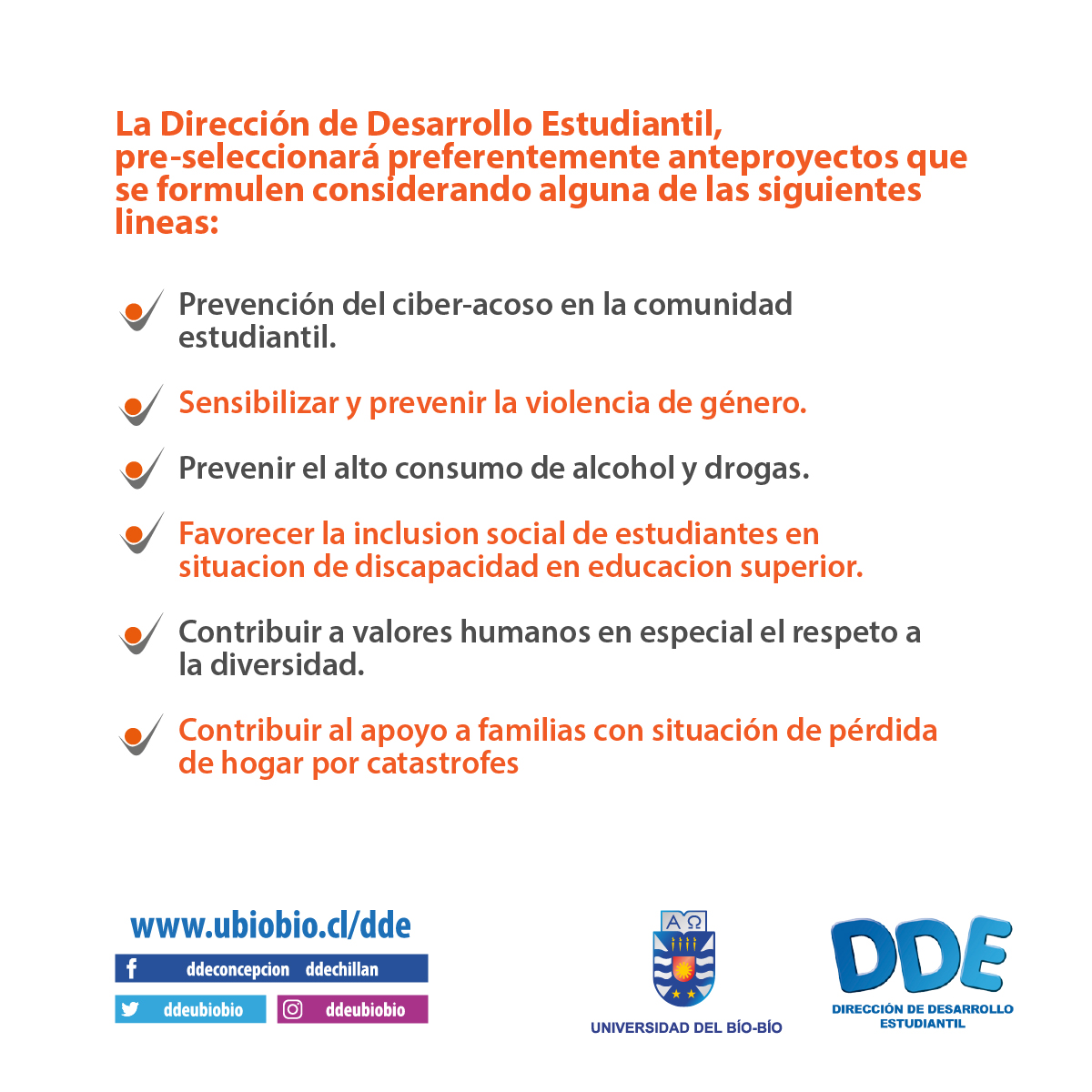 Haz realidad tu iniciativa Estudiantil con el Fondo de Apoyo para el Desarrollo Estudiantil FADE <a href="/ubbchile/">U. del Bío-Bío</a> Concepción y Chillán.
Postula y adjudícate hasta $400mil pesos.
Conoce más en destudiantil.ubiobio.cl/dde_concepcion…