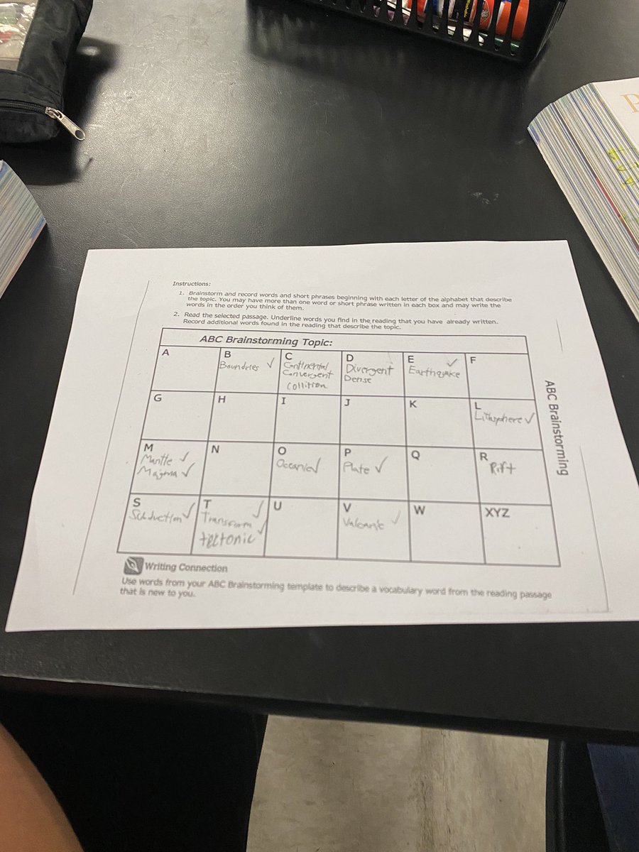 rodriguez_sci's tweet photo. Today Mrs. Hegdeโs 6th grade science classes read ๐about tectonic plates. They then used the ABC brainstorming template to write โ๏ธ down new vocabulary that was new to them from the reading passage. @NISDZachry @NISDMSScience #nisdmssciencecoach https://t.co/F9aWoigZLh