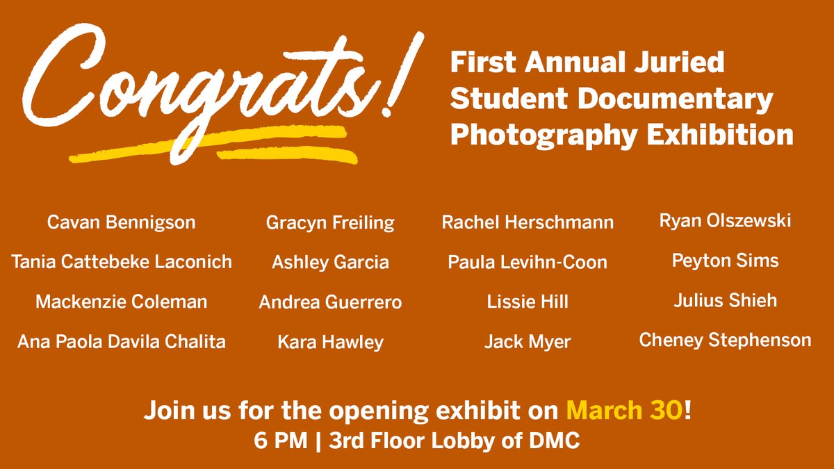 #MoodyPride: Congrats to the 16 #TEXASMoody students selected by our juror <a href="/jasminedefoore/">tashistation</a> to be included in the 1st Annual Juried Student Documentary Photography exhibition. 

Join us for the opening reception on March 30th at 6 pm. 
<a href="/UTJSchool/">UT Austin School of Journalism and Media</a> @UTcommstudies <a href="/UTRTF/">UT RTF</a> <a href="/txadpr/">TXADPR</a>