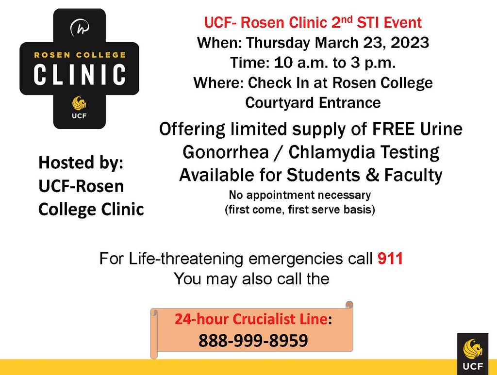 The Rosen College clinic will be doing FREE STI testing tomorrow, Thursday, March 23, 2023. No appointment necessary. Come by between 10 a.m. and 3 p.m. Check in at the gates to the campus courtyard. Bring your UCF ID.