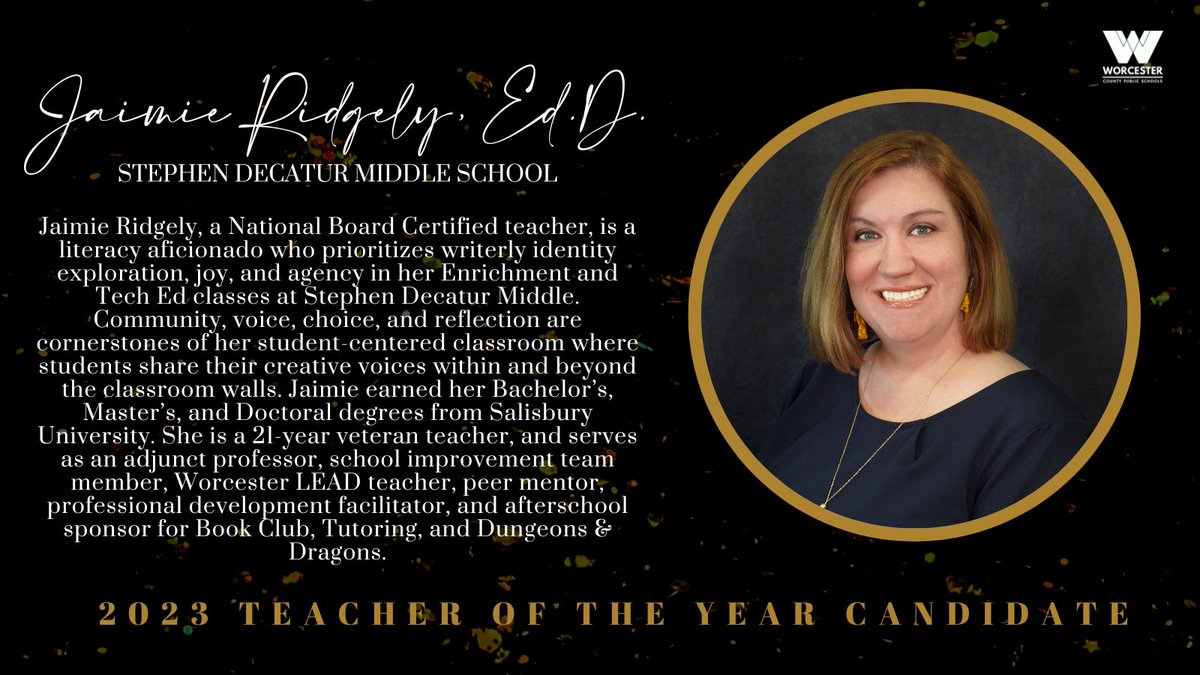 WorcesterSystem's tweet photo. We are excited to highlight our school-level 2023 Teachers of the Year this week, leading up to our 36th annual Worcester County Teacher of the Year Celebration on Friday, March 24. #WCTOY2023

Let’s take a moment to get to know Jaimie Ridgely of Stephen Decatur Middle School! https://t.co/PJADEYAsqI