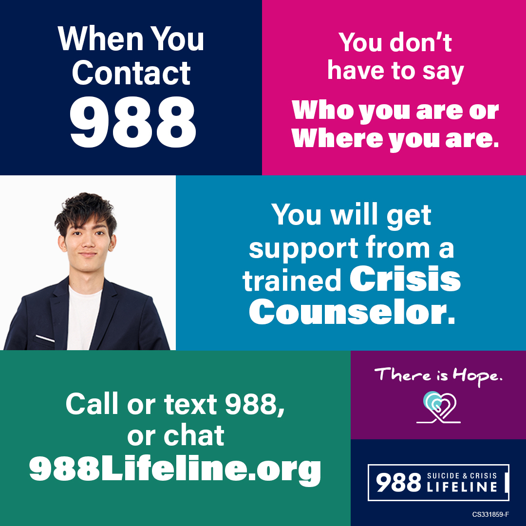 988 Fact: It’s OK to not say who you are or where you are when you contact 988. The 988 Lifeline is here for you. Call, text, or chat 988 anytime. #suicideprevention #988lifeline