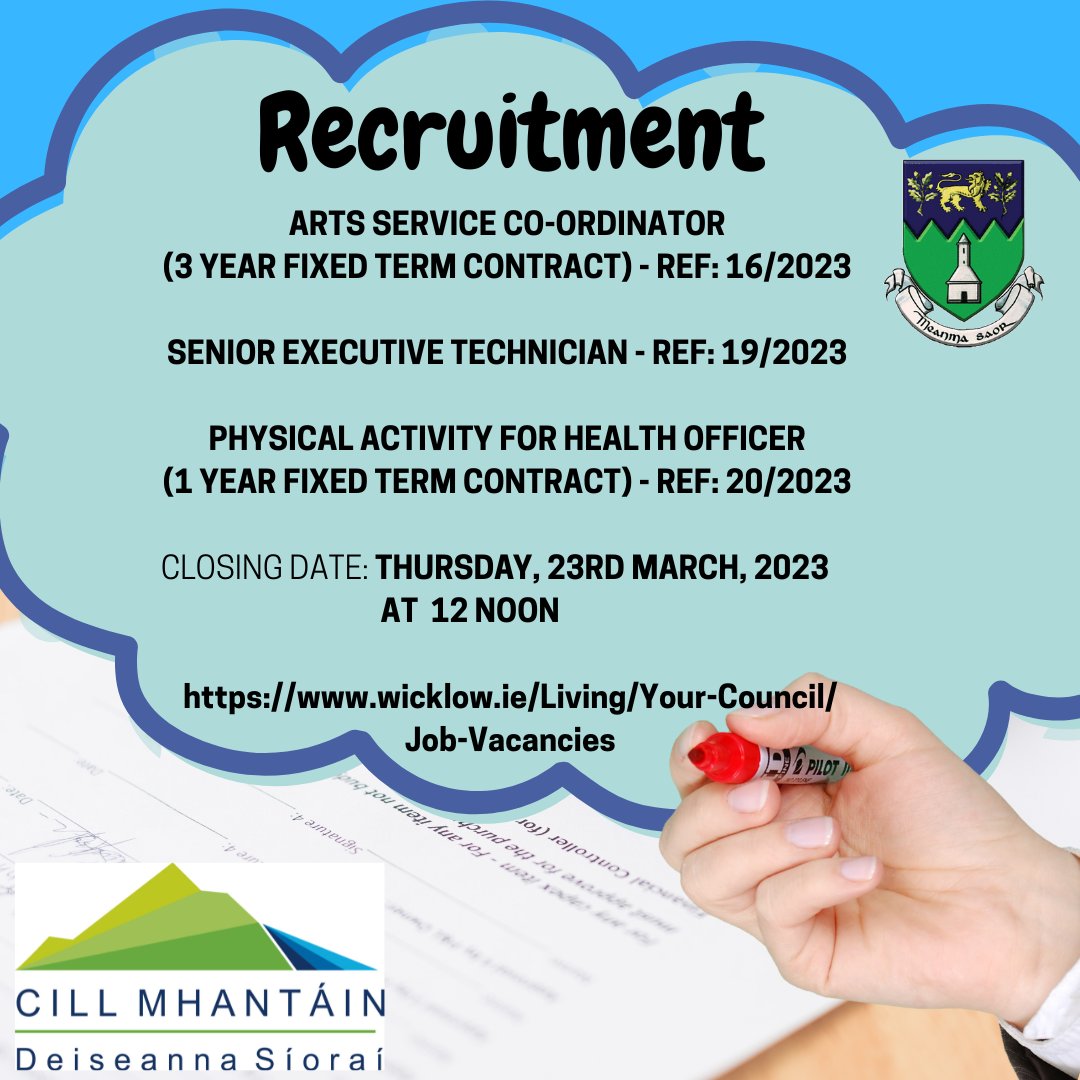 wicklowcoco's tweet photo. Applications are invited for Arts Service Co-Ordinator- Ref: 16/2023, Senior Executive Technician - Ref: 19/2023 and Physical Activity for Health Officer - Ref: 20/2023.
https://t.co/x1FBjRHkT3
#jobfairy #publicappointmentservice #localgovire #publicjobs https://t.co/cYJ4Bl3S3M