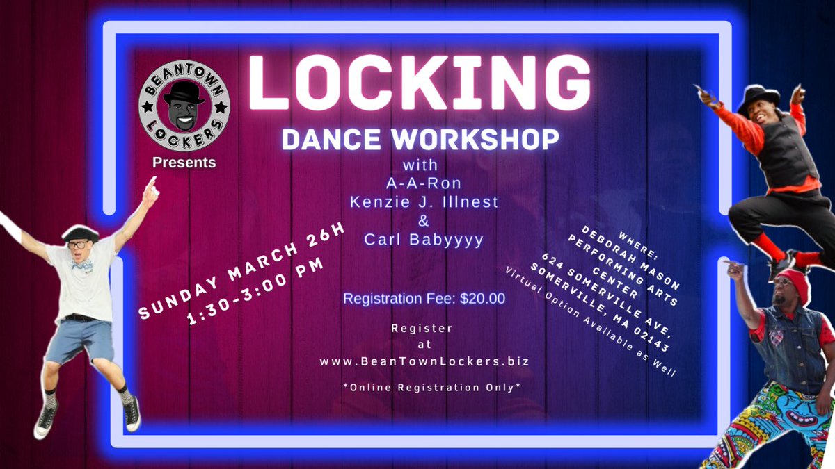 BeanTownLockers's tweet photo. Hey Dance Lovers! Ready to add some cool new skills to your repertoire? 
Join us at the Locking Workshop with BeanTown Lockers to learn 
* locking vocabulary, 
* how to dance funky to the beat
* and so much more! 
Sign up at https://t.co/q2aqWt87FR

#dancelovers #dancing #locking https://t.co/aYzztzKB6c
