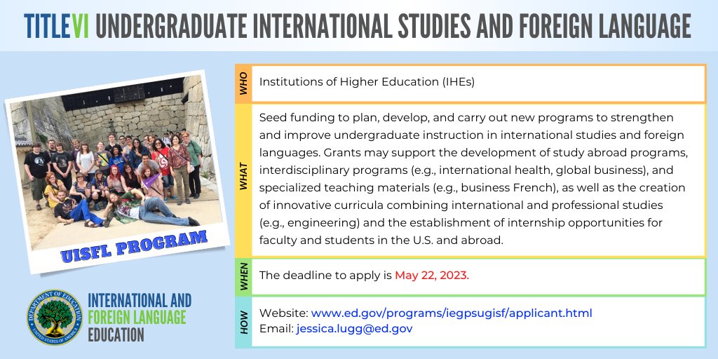 Our #TitleVI Undergraduate International Studies and Foreign Language (UISFL) program is now open for applications! Deadline to apply: May 22, 2023. This program is a GREAT fit for community colleges and Minority-Serving Institutions! Learn more at: www2.ed.gov/programs/iegps…
