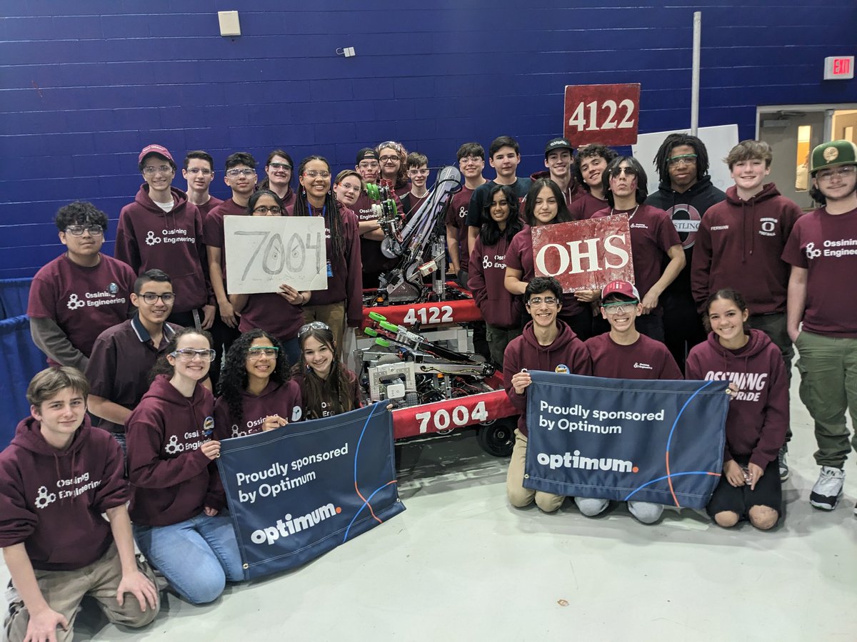 We had a great time at the Long Island Regional.  Thank you Optimum for your support and sponsorship
Ossining Engineering FRC 4122 and FRC 7004
<a href="/optimum/">Optimum</a> 
<a href="/FRCTeams/">FIRST Robotics Competition</a> 
<a href="/OssiningSchools/">Ossining UFSD</a>