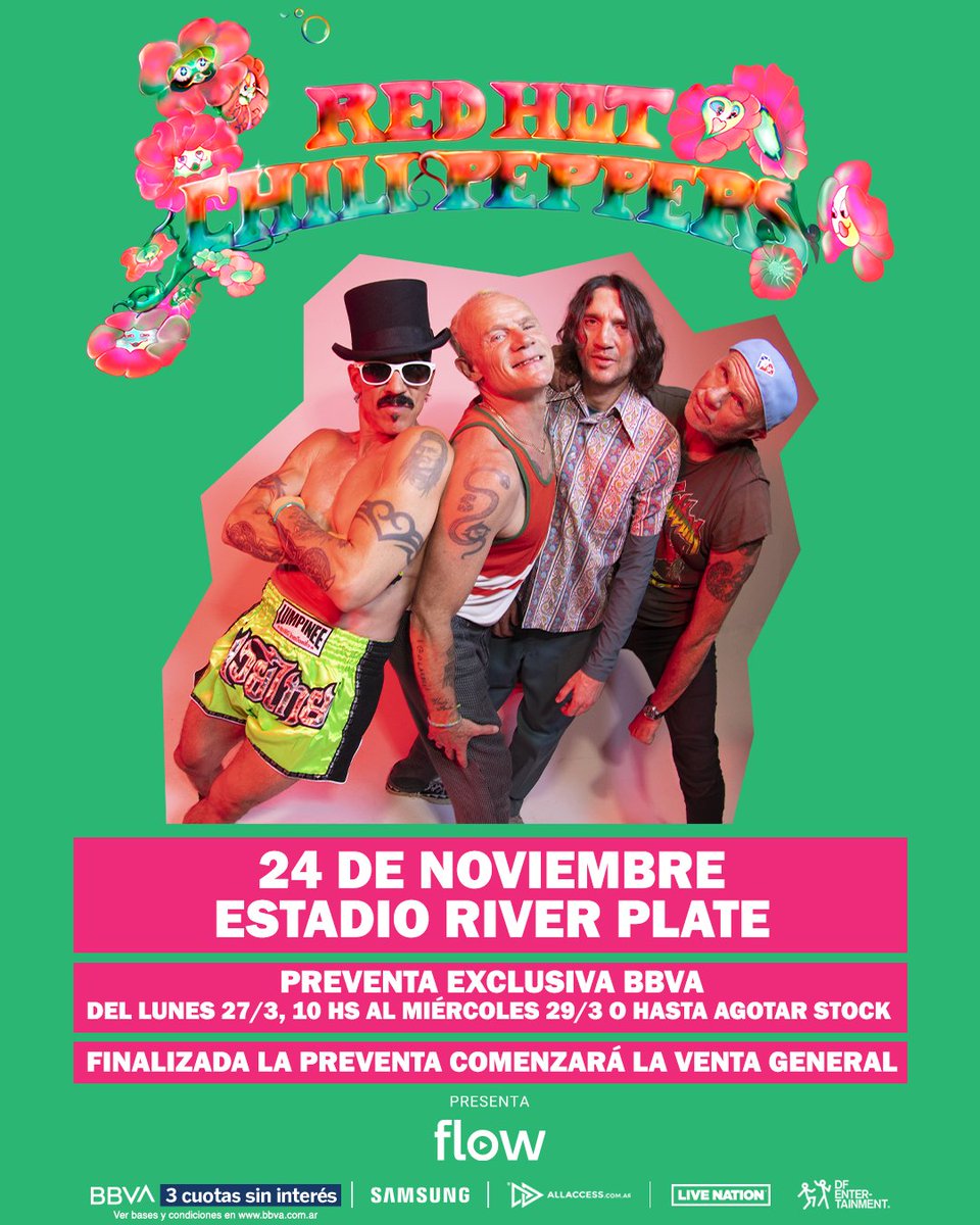 RecitArg's tweet photo. 🌶️ @ChiliPeppers en Argentina 🇦🇷

🔥 Los californianos más buscados del país regresarán con su #GlobalStadiumTour, que los verá pisar el estadio de River una vez más. 
¿Estás tan manija como nosotros?

📅 24 de Noviembre
🏟️ Estadio River Plate https://t.co/Q6KiVaoqn1