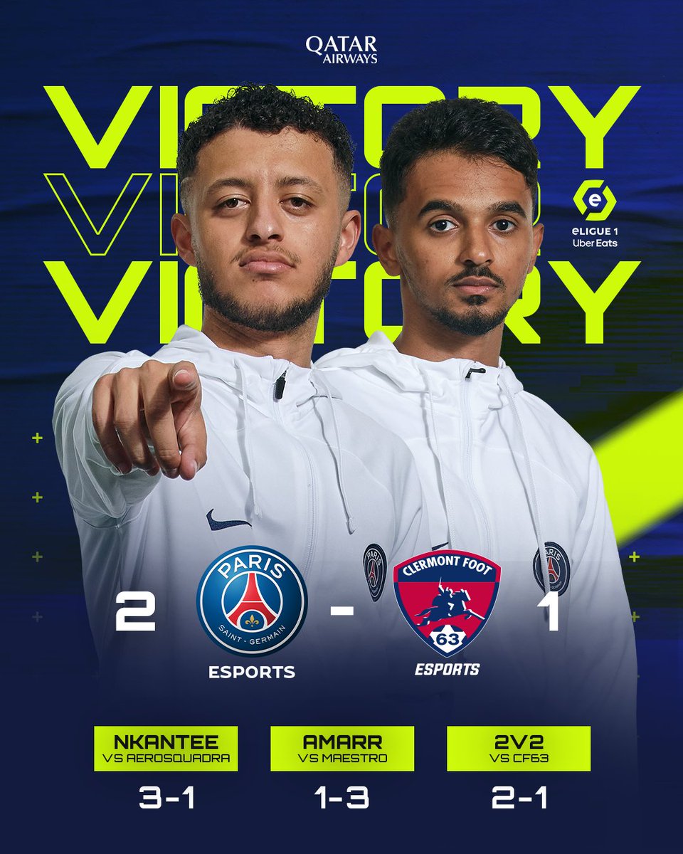PSG Esports (@PSGeSports) on Twitter photo 2023-03-22 20:03:04 La victoire pour nos Parisiens @NKanteeee & @Ama2zerr à l'occasion de cette 7ème journée d'@eLigue1UberEats ⚡️⚡️ GGWP @CF63_eSports 🤝 On se retrouve la semaine prochaine 😎 #ICICESTPARIS 🔴🔵 #eLigue1UberEats La victoire pour nos Parisiens @NKanteeee & @Ama2zerr à l'occasion de cette 7ème journée d'@eLigue1UberEats ⚡️⚡️ GGWP @CF63_eSports 🤝 On se retrouve la semaine prochaine 😎 #ICICESTPARIS 🔴🔵 #eLigue1UberEats