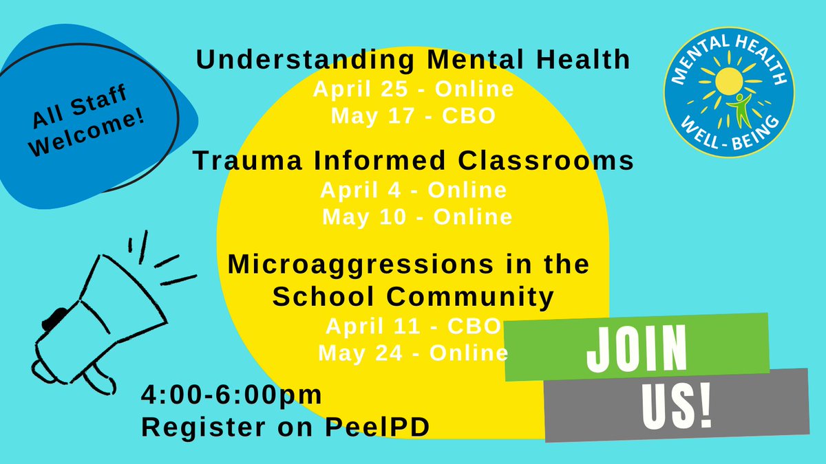 Space is still available in 'Trauma Informed Classrooms' on May 10. Open to all @PeelSchools staff. Register on PeelPD. See you there!
