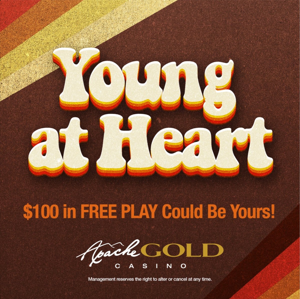 ApacheGoldCR's tweet photo. 🤎Are you Young at Heart?🤎 Join us in March and have a chance at winning $100 in Free Play.

#casinonight #CasinoLife #apachegoldcasino #freeplay https://t.co/qvHSc0qKAx