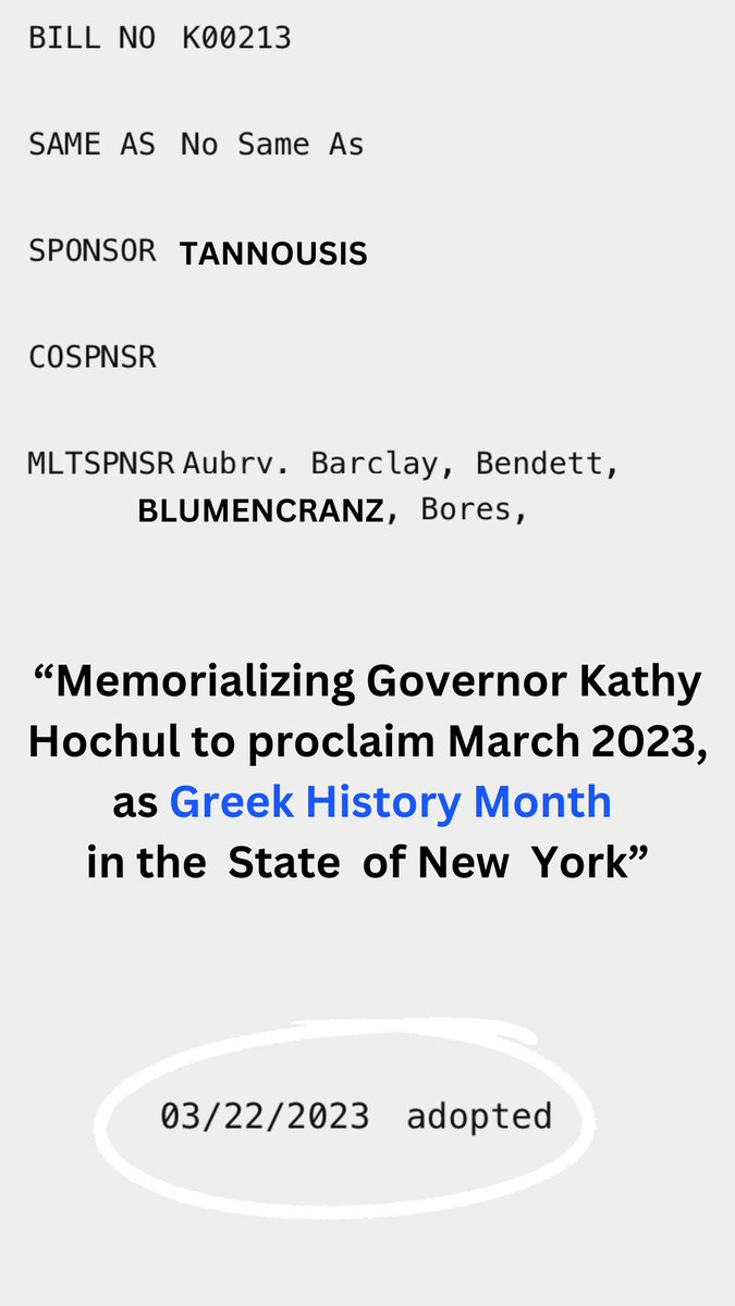 Happy to join @MikeTannousis and my colleagues in sponsoring a resolution to proclaim March 2023 as #GreekHistory Month in the state of New York!