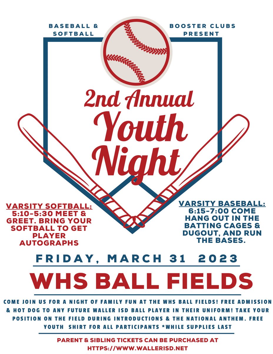 WHSbaseballfans's tweet photo. Join us for our 2nd annual Youth night at the ball fields! Baseball and Softball are co-sponsoring a fun night of youth-center activities including meeting the players, running the bases, and free hot dogs for all our future players! #WISDgreatness https://t.co/pCUTnqeOUb