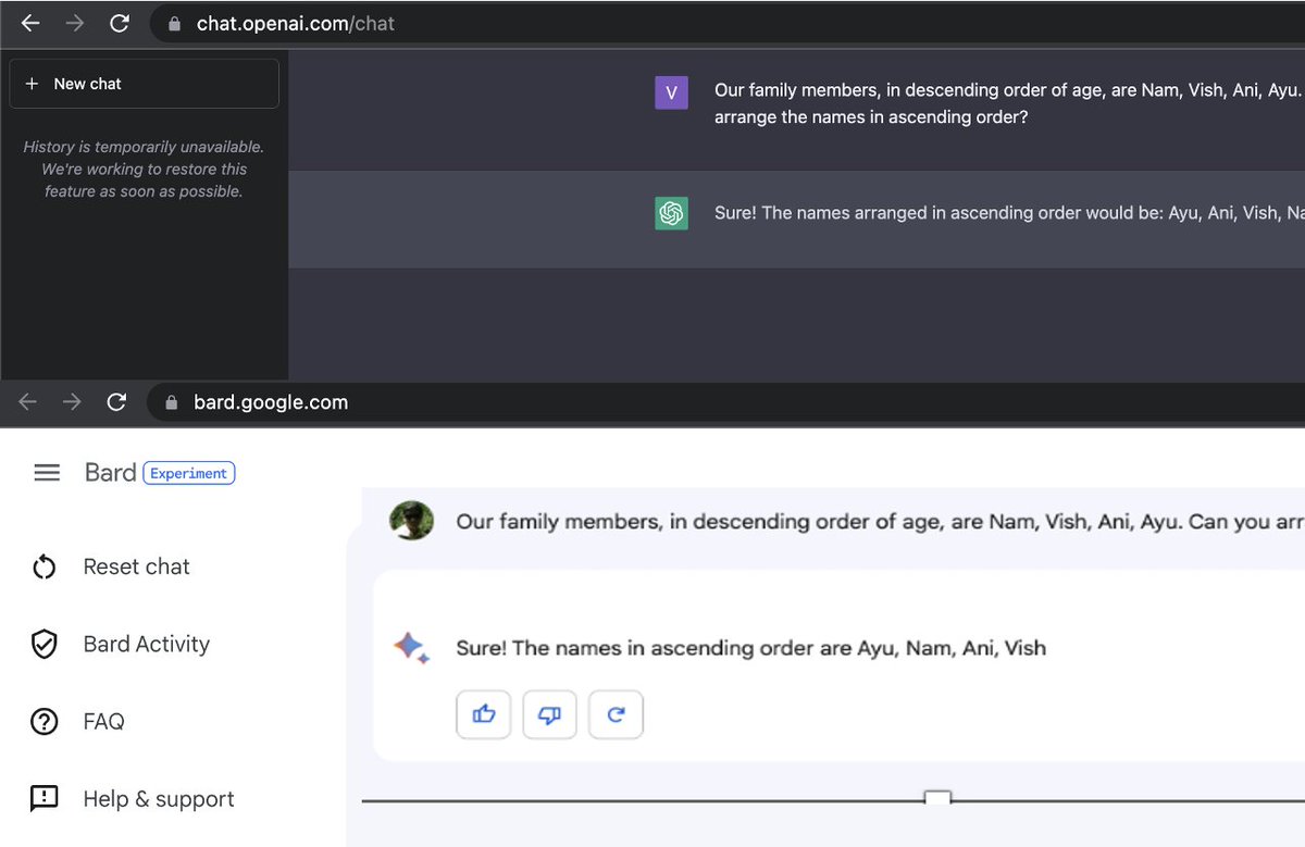 #Bard is coming for #ChatGPT though it will  take some time ! I asked them to arrange names in ascending order of age, given names in descending order. Bard messed up! Though "View other drafts"  option button had the right answer! :) #GoogleBard #chatgpt4 #GPT4