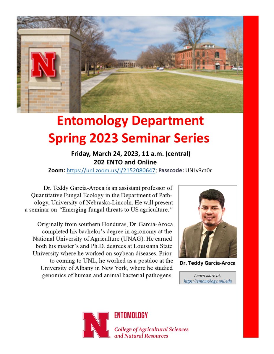 Nebraska Entomology (@unlentomology) on Twitter photo Come join the Entomology Dept. Friday (3/24/23) at 11 a.m. (CDT) to hear a seminar presentation from Dr. Garcia-Aroca! He will speak on "Emerging fungal threats to US agriculture." #entomology #plantpathology #insects #agriculture <a href="/UNL_PlantPath/">UNL Department of Plant Pathology</a> Come join the Entomology Dept. Friday (3/24/23) at 11 a.m. (CDT) to hear a seminar presentation from Dr. Garcia-Aroca! He will speak on "Emerging fungal threats to US agriculture." #entomology #plantpathology #insects #agriculture <a href="/UNL_PlantPath/">UNL Department of Plant Pathology</a>