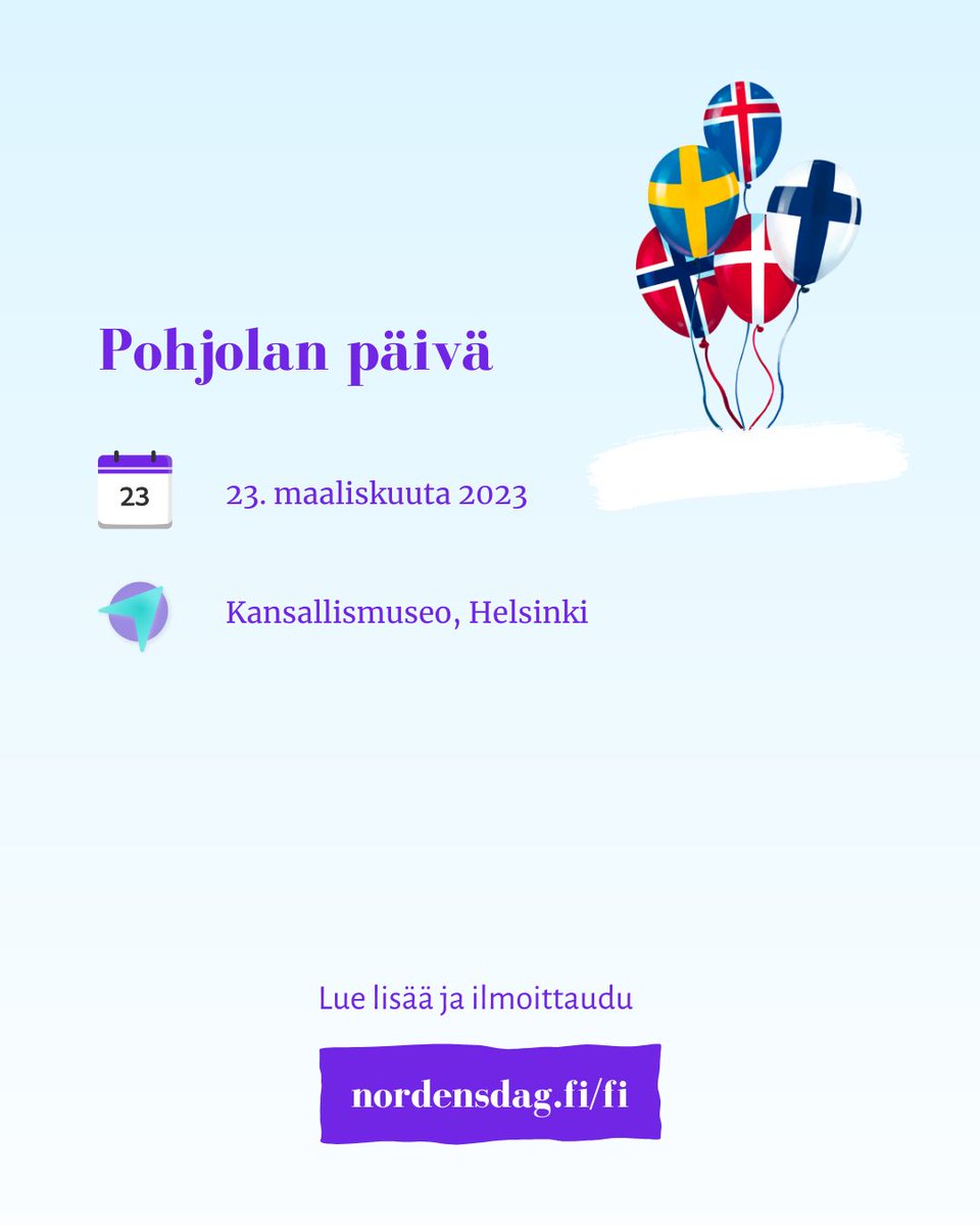 I morgon firar vi Nordens dag!
Tervetuloa mukaan livelähetykseen klo 10.30 alkaen: nordensdag.fi/folj-med-norde…
Mukana aamupäivän keskusteluissa <a href="/Haavisto/">Pekka Haavisto</a> <a href="/ThomasBlomqvis7/">Thomas Blomqvist</a> ja 🇧🇻🇮🇸🇩🇰🇸🇪 suurlähettiläät. Klo 14 alkaa vaalipaneeli.