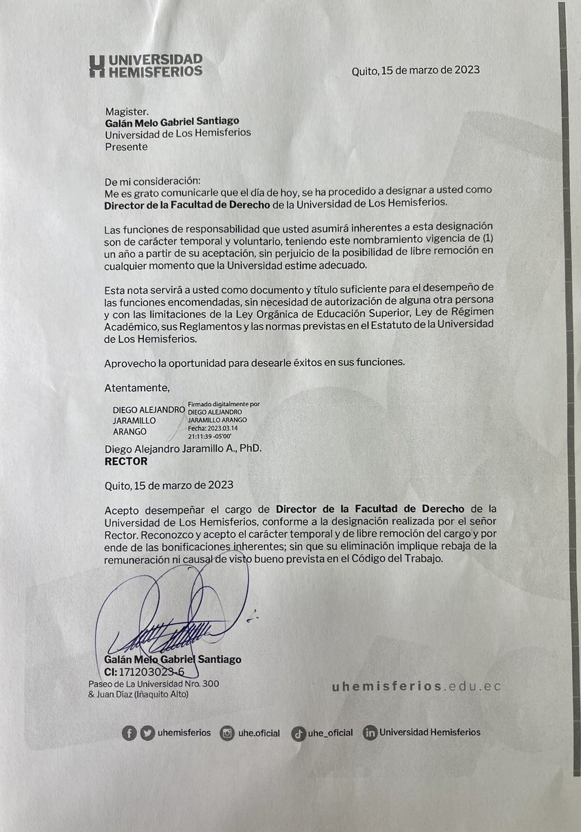GalanMelo's tweet photo. He sido nombrado Director de la Facultad de Derecho de la Universidad de Los Hemisferios. Asumo este reto convencido de que puedo aportar un pequeño granito de arena a la excelencia de la Facultad y Universidad. https://t.co/thrsoQzA0G