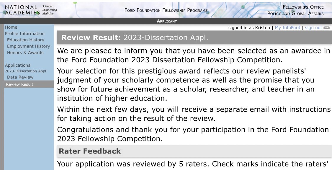 Kristenelise20's tweet photo. AHHH super excited that I was awarded a Ford Dissertation fellowship to fund the final year of my PhD! One step closer to Dr. Gardner and becoming a professor 👩🏽‍🔬 https://t.co/BpFGJ99wjF