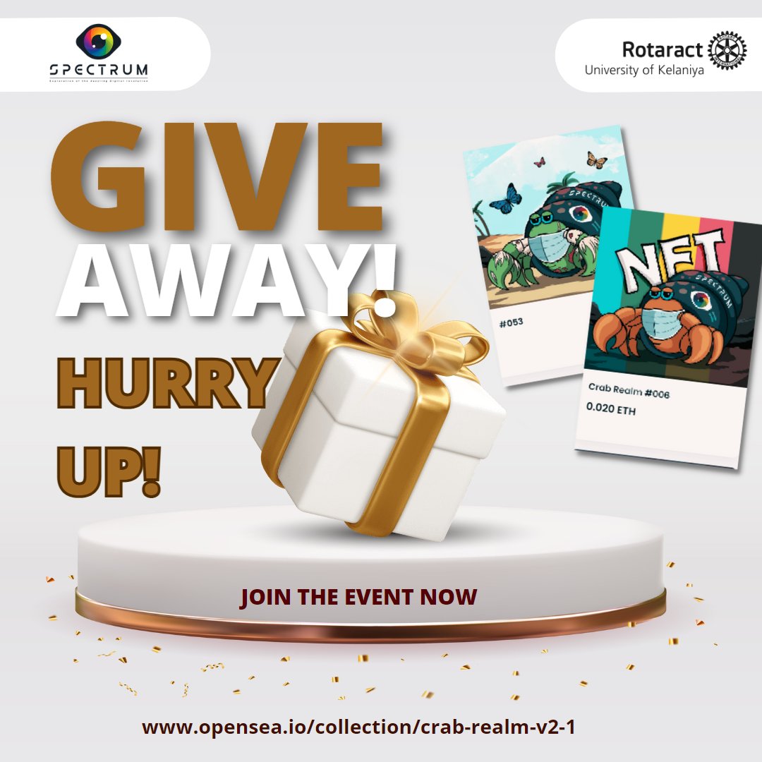 Spectrum_Racuok's tweet photo. We're excited to announce our first NFT giveaway! To celebrate the launch of our latest collection, we're giving away a limited edition NFT to one lucky winner!

To enter:
✅Follow us
✅ Like and retweet this post
✅ Tag 3 friends in the comments

#NFTgiveaway #CrabRealm https://t.co/MJevWuvgA2