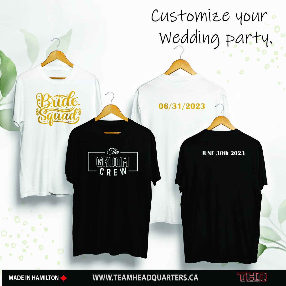 Team_HQ's tweet photo. Make your wedding party stand out with customized T-shirts! Team Headquarters uses top quality direct-to-film printing to create your unique style. Call us at 905-389-9745 or email at Sales@teamheadquarters.ca for more information. #WeddingParty #Bride #StagAndDoe #Wedding #DTF https://t.co/8FnibV0pKH