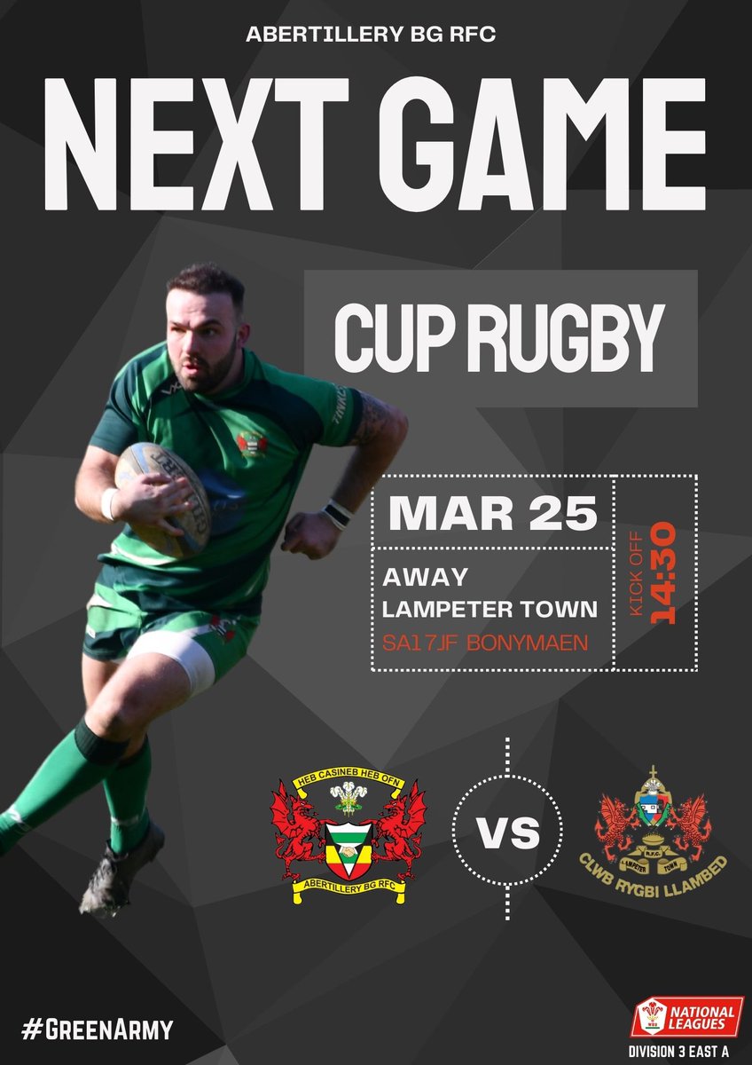 Abertillery_BG's tweet photo. The boys will be looking to make history again this Saturday as we face Lampeter Town in the Semi Finals of the Division 3 Cup! 💚

⌚ 14:30 KO
📍 Bonymaen RFC - SA1 7JF

#GreenArmy https://t.co/Wi3yXyPbZJ