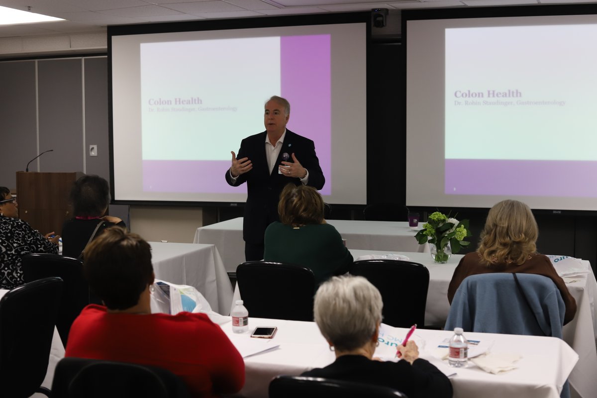 TouroInfirmary's tweet photo. Today we hosted our Amazing Agers Seminar on colon health. Thank you to our Touro physicians for informing us about preventative screenings &amp; Colorectal Cancer treatments. We also enjoyed a cooking demonstration by Chefs NOLA. #ColorectalCancerAwarenessMonth https://t.co/1LUos6AiOa