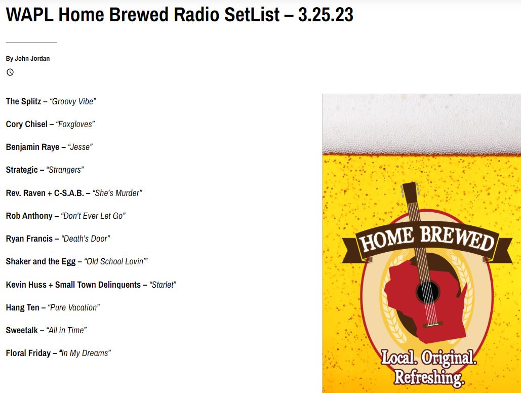 WAPL Home Brewed Radio Radio Pours Original, Badger State🎶Music &amp; Midwest Americana in Your Ears!
SATURDAY - 9am on 105.7 FM &amp; streaming at wapl.com + Hosted by John Jordan
Podcasts Available on iTunes, Spreaker &amp; Google
🍻CHEERS to Your Ears!