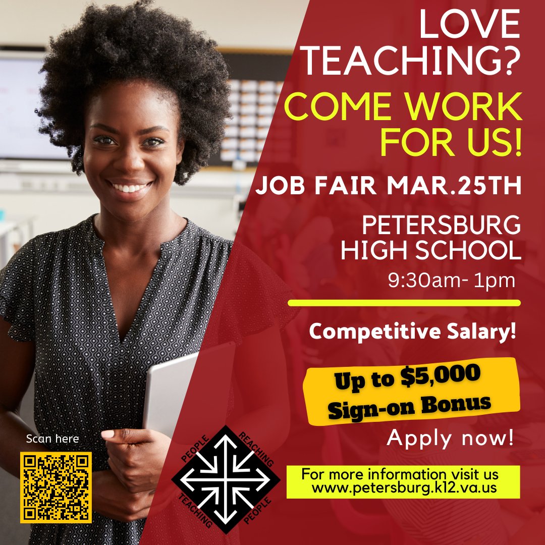 pcps_va's tweet image. Love teaching? Come work for us. Please attend our Instructional/Teacher job fair this weekend to learn more or scan QR code to pre-apply to our current job listings! #SHARESHARESHARE