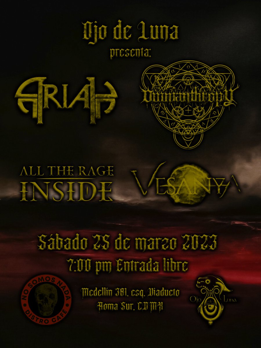 LlamadoBestia's tweet photo. El próximo 25 de Marzo en #NoSomosNadaDistroCafe se presentan @Omnianthropy #ARIAH @AllTheRageInsid y #VesanyaOficial. https://t.co/zcutLBhFSX