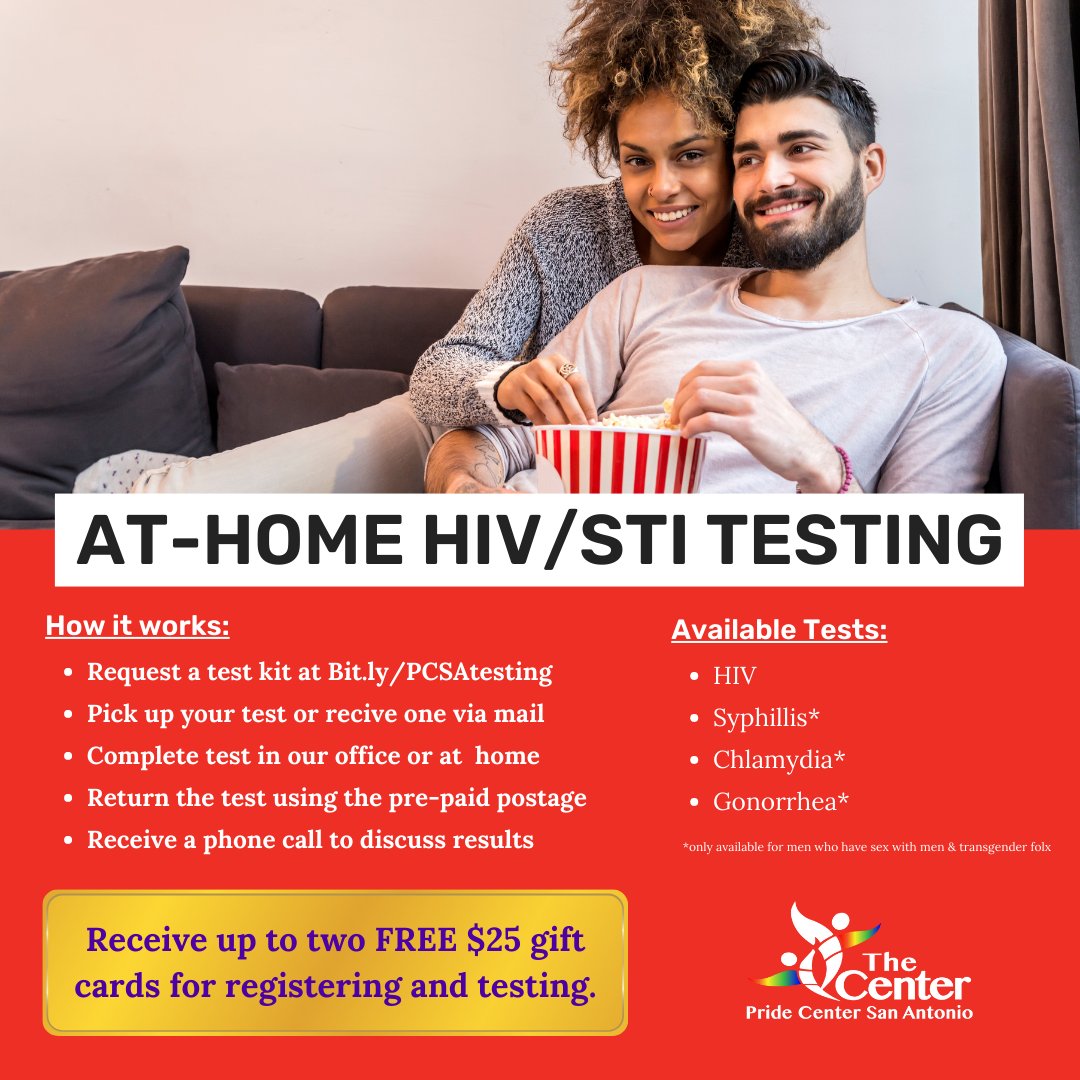 Our at-home test kits are free, confidential, &amp; discreet. Our HIV tests are available for everyone. Syphilis, chlamydia, and gonorrhea tests are available for men who have sex with men and transgender folx. bit.ly/PCSAtesting #PrideCenterSA #LGBTQ #KnowYourStatus #SanAntonio
